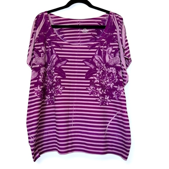 2/$30 Lane Bryant Purple Striped Floral Beaded Cold Shoulder Short Sleeve Top - Picture 1 of 11